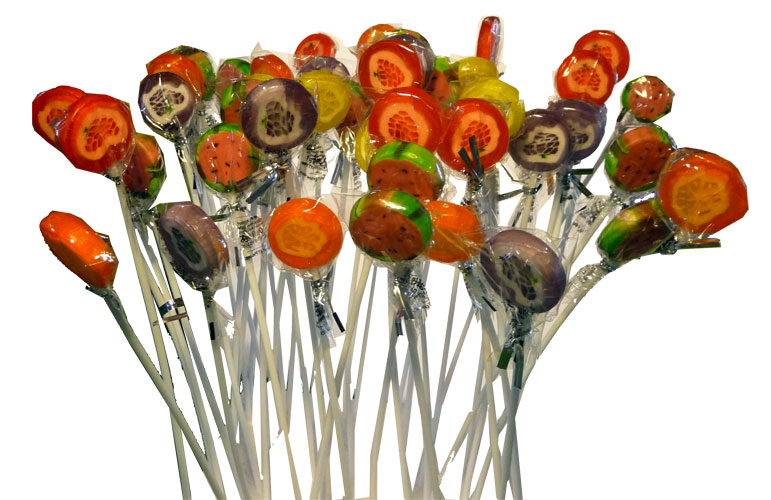 Tall Treats - Funky Fruits long stick lollipops look like flowers when presented together Tall Treats - Funky Fruits variety